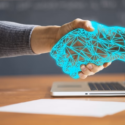 A human hand meeting a luminous digital hand